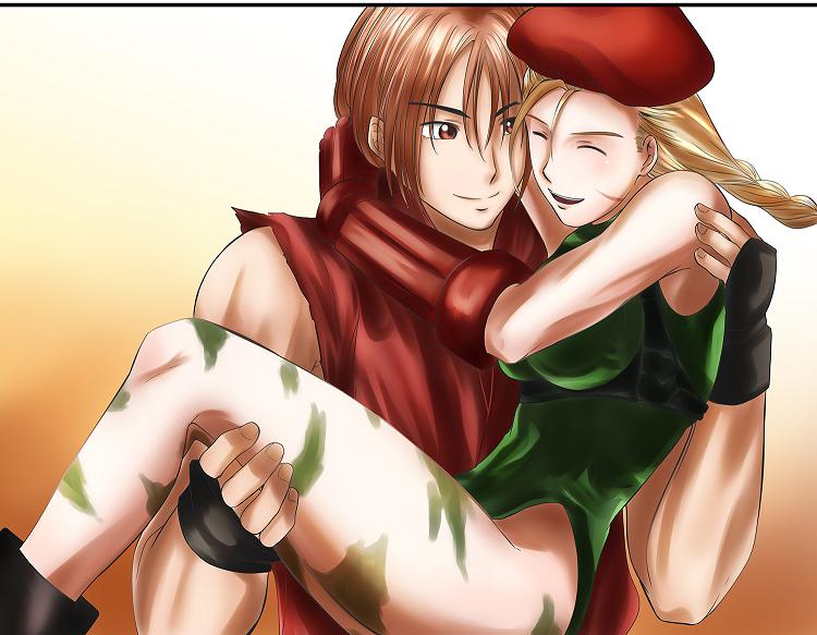 1boy 1girl artist_request blush cammy_white carrying chest_harness gradient gradient_background harness holding hug ken_masters long_hair orange_background smile source_request street_fighter