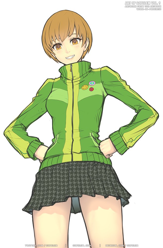 1girl artist_name badge black_skirt brown_eyes brown_hair button_badge gofelem green_jacket hands_on_hips houndstooth jacket persona persona_4 satonaka_chie shin_megami_tensei short_hair simple_background skirt smile solo standing tagme watermark white_background zipper