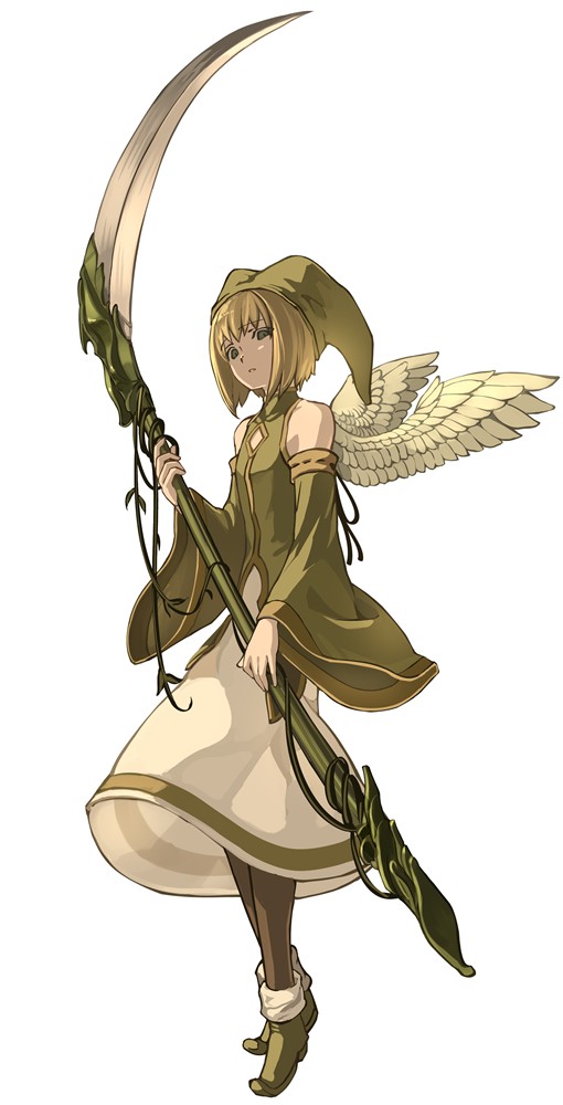 1boy androgynous angel_wings bad_id bad_pixiv_id bare_shoulders black_legwear blonde_hair blue_eyes bob_cut clothing_cutout detached_sleeves elona expressionless eyebrows_visible_through_hair feathered_wings full_body green_footwear green_headwear harusame_(rueken) hat holding holding_scythe jester_cap kumiromi_of_harvest long_skirt long_sleeves looking_at_viewer male_focus otoko_no_ko pantyhose parted_lips plant pointy_footwear scythe short_hair simple_background skirt solo standing tachi-e turtleneck white_background white_skirt white_wings wide_sleeves wings