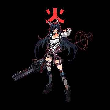 1girl animal_ear_fluff animal_ears ankle_boots arknights arm_up belt belt_pouch black_background black_gloves black_hair black_skirt blood blood_on_face blood_on_weapon blue_eyes boots breasts brown_footwear cat_ears chainsaw fingerless_gloves gloves grey_legwear hairband holding holding_weapon jacket large_breasts leg_strap long_hair long_sleeves looking_at_viewer lowres miniskirt mizorehi open_clothes open_jacket pixel_art pouch red_hairband shirt single_thighhigh skirt solo standing thigh-highs two-tone_background very_long_hair weapon white_jacket white_shirt