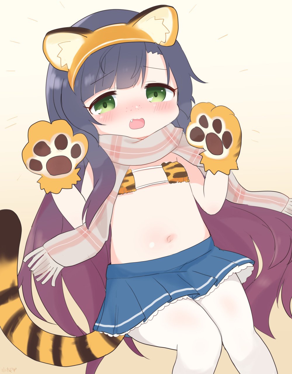 1girl alternate_costume animal_ears animal_hands animal_print bangs bikini blue_hair blue_skirt blush chinese_zodiac commentary_request eyebrows_visible_through_hair eyepatch_bikini fake_animal_ears fang flat_chest freckles frilled_skirt frills gloves gradient_hair highres kantai_collection koeda_(koeda1kg) long_hair looking_at_viewer matsuwa_(kancolle) multicolored_hair nose_blush open_mouth pantyhose paw_gloves pleated_skirt purple_hair scarf simple_background skirt solo swimsuit tail tiger_ears tiger_print tiger_tail very_long_hair white_legwear year_of_the_tiger yellow_background