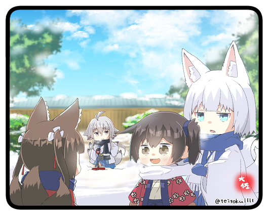 4girls amagi-chan_(azur_lane) amagi_(azur_lane) animal_ears artist_logo artist_name azur_lane blue_eyes blue_mittens blush brown_eyes brown_hair closed_mouth crossover day eyebrows_visible_through_hair fox_ears fox_tail fringe_trim grey_eyes grey_hair hair_between_eyes japanese_clothes kaga_(azur_lane) kaga_(kancolle) kantai_collection long_hair long_sleeves mittens multiple_girls multiple_tails namesake open_mouth scarf short_hair side_ponytail smile snow tail taisa_(kari) tosa_(azur_lane) twitter_username white_hair white_scarf white_tail wide_sleeves