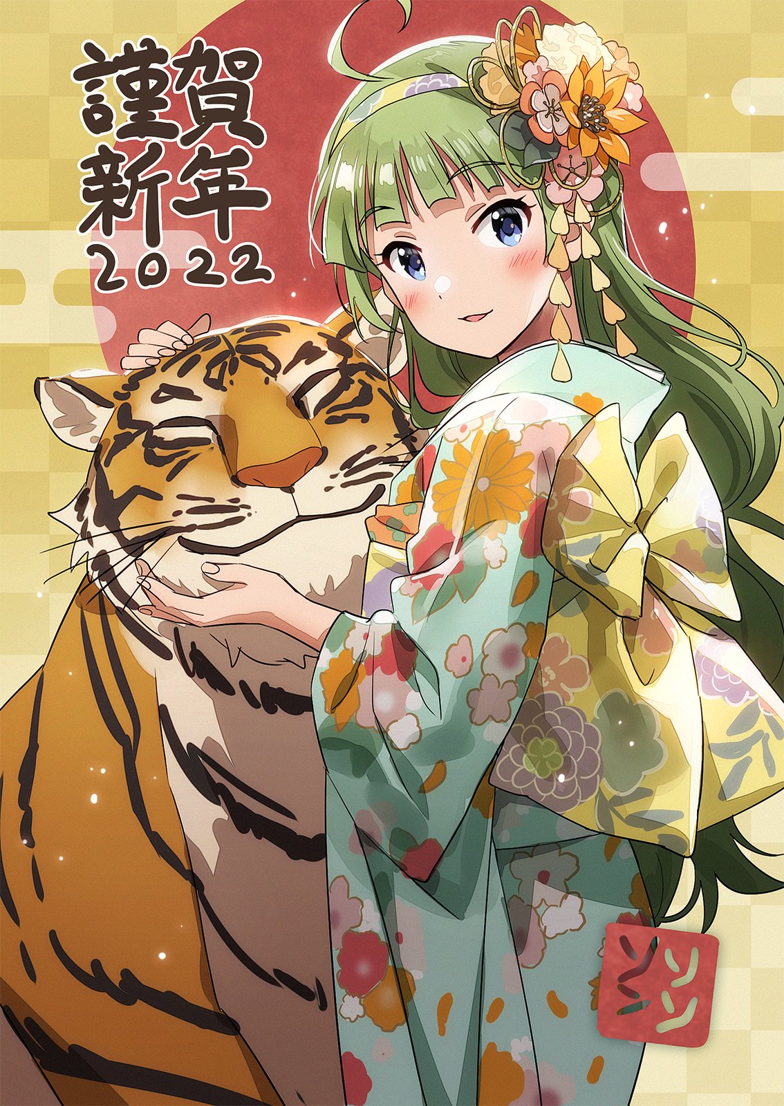 1girl 2022 ahoge animal aqua_eyes bangs blue_kimono blunt_bangs blush chinese_zodiac floral_print flower green_hair hair_flower hair_ornament happy_new_year highres idolmaster idolmaster_million_live! japanese_clothes kimono long_hair looking_at_viewer new_year obi open_mouth sash shimabara_elena smile solo sonsoso tiger wide_sleeves year_of_the_tiger