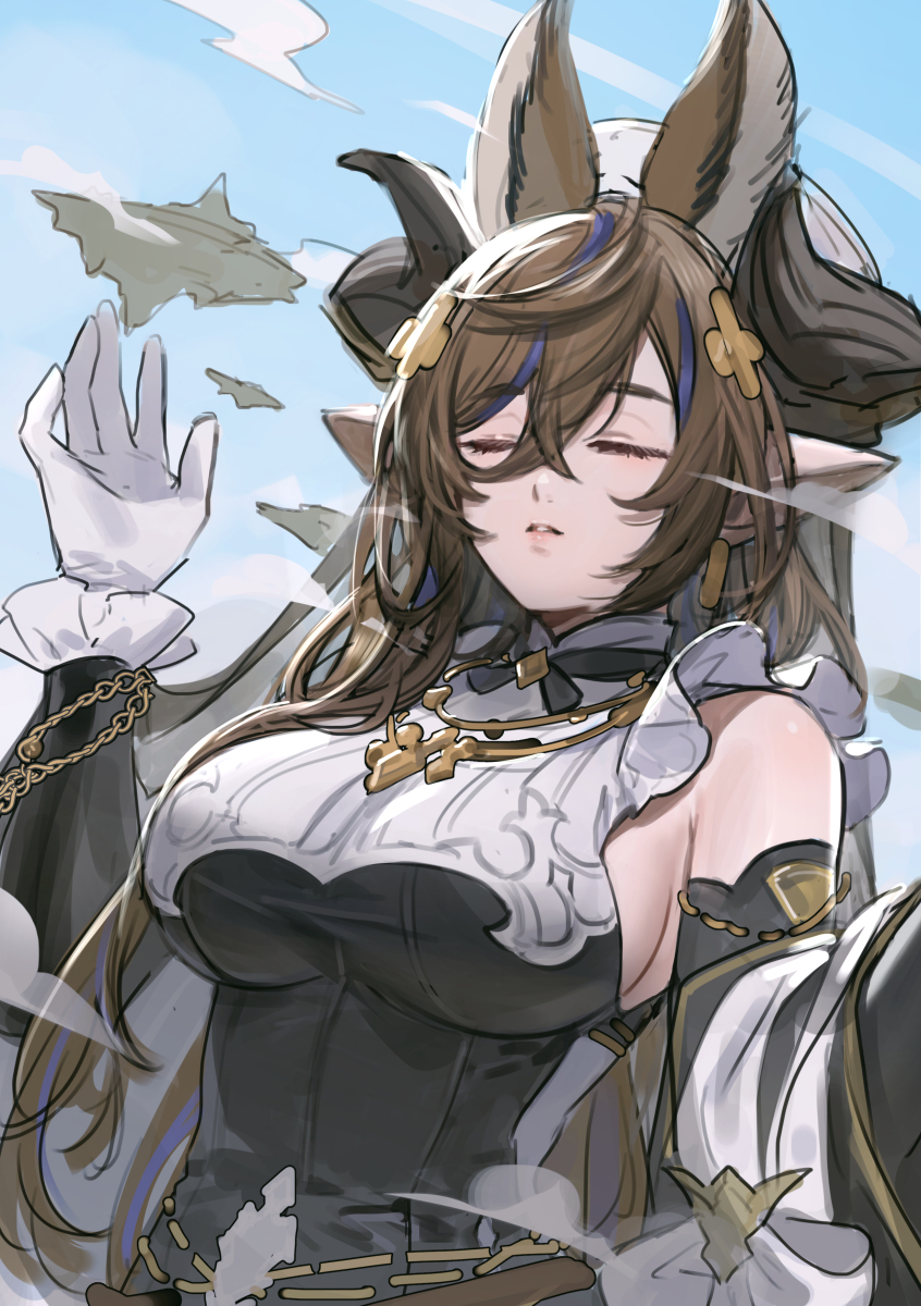 1girl animal_ears bangs black_ribbon breasts brown_hair closed_eyes clouds commentary_request detached_sleeves dress extra_ears floating_island galleon_(granblue_fantasy) giant giantess gloves granblue_fantasy hair_ornament hand_up highres horns jewelry large_breasts lips long_hair multicolored_hair neck_ribbon necklace parted_lips pointy_ears ribbon sanditk_gbf sideboob sleeveless sleeveless_dress solo streaked_hair turtleneck upper_body white_gloves x_hair_ornament