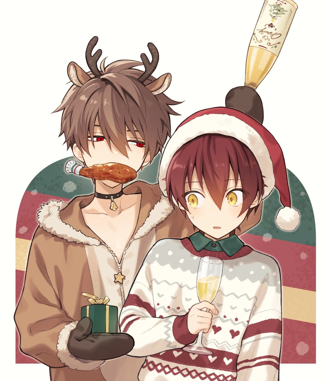 2boys animal_ears antlers bangs bell black_choker bottle box brown_hair brown_jacket chicken_(food) chicken_wing choker christmas christmas_sweater cup food fur-trimmed_jacket fur_trim gift gift_box hair_between_eyes hat highres holding holding_bottle holding_cup jacket long_sleeves male_focus mittens mouth_hold multiple_boys original pillow_(nutsfool) red_eyes redhead santa_hat simple_background star_(symbol) sweat sweater symbol-only_commentary upper_body yellow_eyes