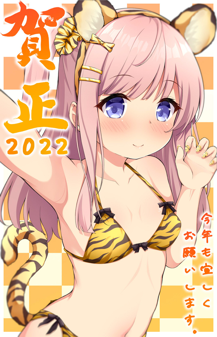 1girl 2022 animal_ears animal_print bangs bare_arms bare_shoulders bikini blush bow bow_bikini breasts checkered_background chinese_zodiac claw_pose closed_mouth commentary_request eyebrows_visible_through_hair fake_animal_ears hair_ornament hairclip hand_up long_hair looking_at_viewer maccha nail_art nail_polish navel one_side_up original pink_hair print_bikini small_breasts smile solo swimsuit tail tiger_ears tiger_print tiger_tail translation_request violet_eyes year_of_the_tiger yellow_bikini yellow_nails