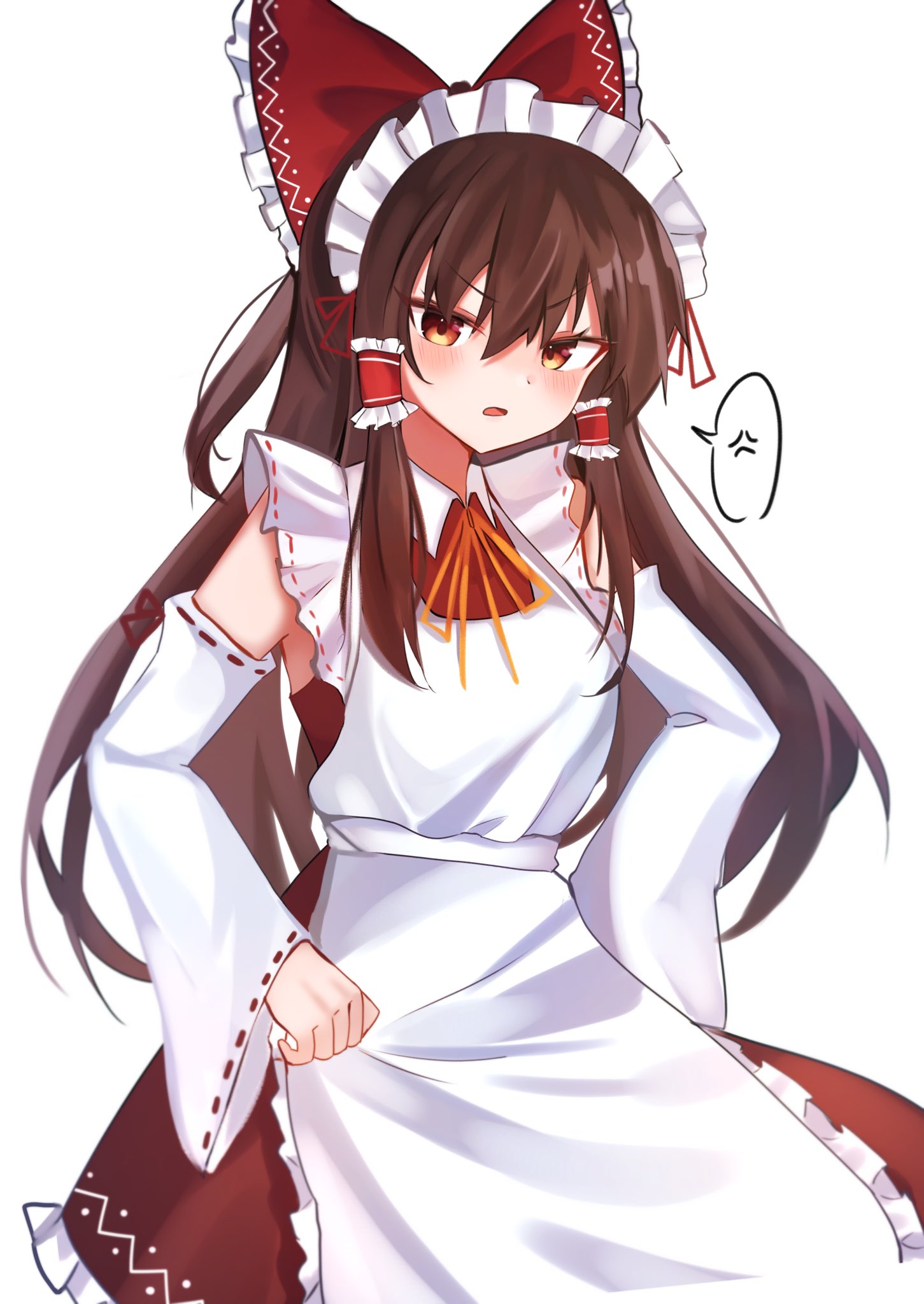 1girl adapted_costume alternate_costume anger_vein angry apron ascot bangs bare_shoulders blush bow breasts brown_ascot brown_eyes brown_hair cloth clothing_cutout collar commentary_request enmaided feet_out_of_frame hair_between_eyes hair_bow hakurei_reimu hands_on_hips hat highres maid maid_headdress medium_breasts medium_skirt nontraditional_miko open_mouth red_bow red_shirt red_skirt ribbon-trimmed_sleeves ribbon_trim saki_(14793221) shirt short_hair short_sleeves shoulder_cutout sidelocks simple_background skirt skirt_set solo spoken_anger_vein standing touhou waist_apron white_background white_collar wide_sleeves