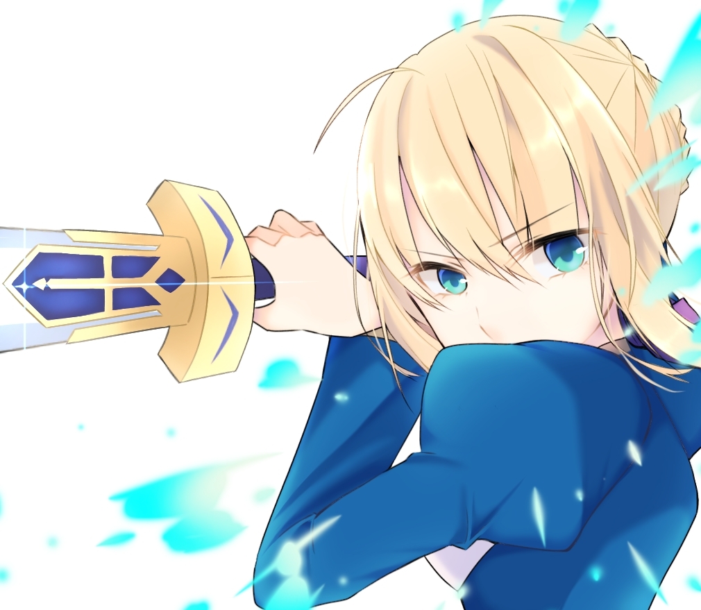 1girl ahoge artoria_pendragon_(all) blonde_hair blue_ribbon breasts cleavage_cutout clothing_cutout excalibur_(fate/stay_night) fate/grand_order fate/stay_night fate_(series) green_eyes hair_bun hair_ribbon holding holding_weapon juliet_sleeves long_sleeves maru_(pixiv51714255) medium_breasts puffy_sleeves ribbon saber solo sword weapon