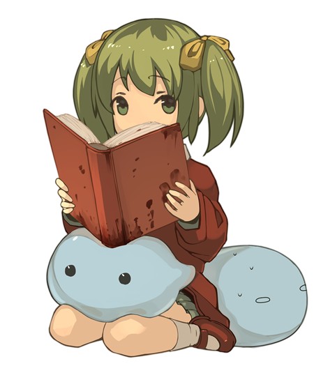 1girl bad_id bad_pixiv_id blood book bow child covered_mouth creature elona expressionless eyebrows_visible_through_hair full_body green_eyes green_hair hair_bow harusame_(rueken) holding holding_book kindergarten_uniform loafers long_sleeves looking_at_viewer medium_hair microskirt no_sclera open_book putit putit_(elona) reading red_footwear red_shirt shiny shiny_hair shirt shoes sidelocks simple_background sitting skirt socks solo sweatdrop tareme two_side_up wariza white_background white_legwear yellow_bow younger_sister_(elona)