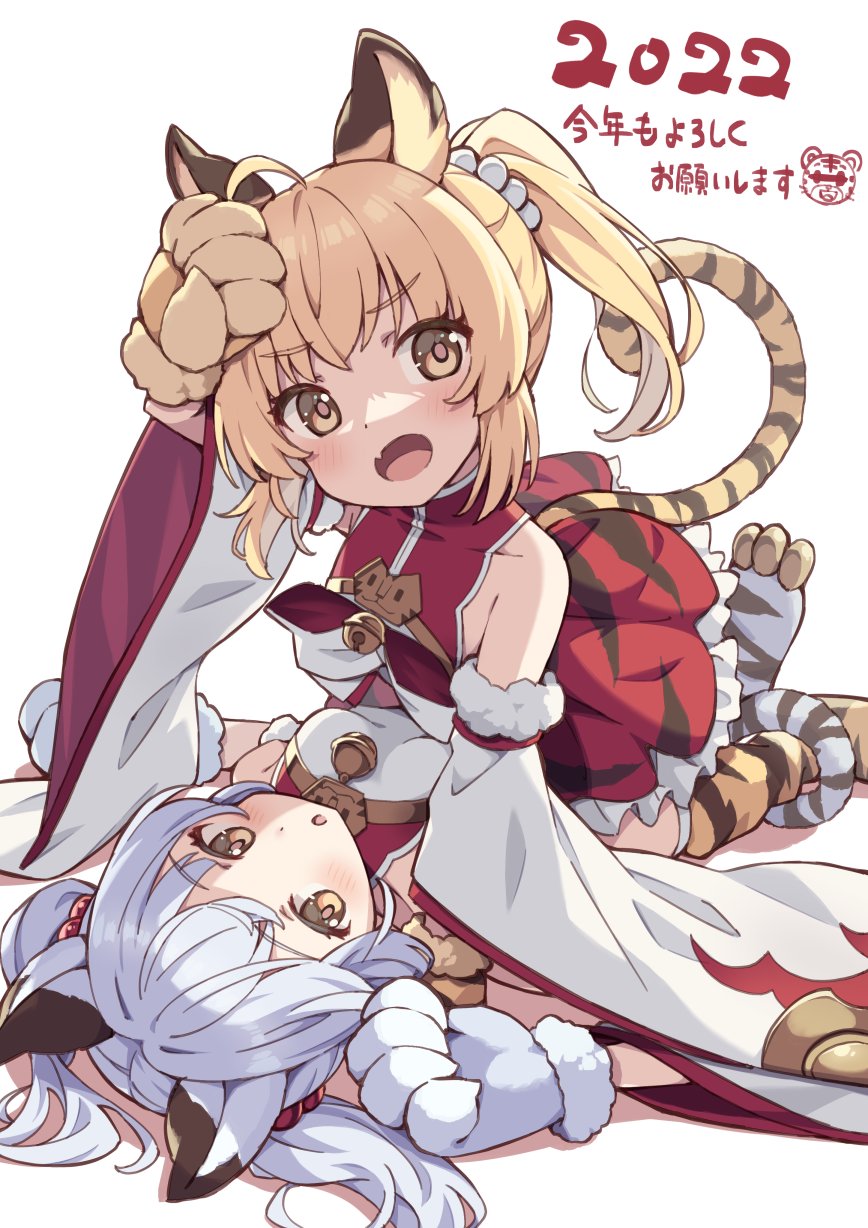 2022 2girls ahoge animal_ears animal_hands bai_(granblue_fantasy) bangs bare_shoulders bell blonde_hair blush breasts censored chibi chibi_inset cidala_(granblue_fantasy) commentary_request detached_sleeves dot_nose dress fang granblue_fantasy grey_hair hand_up highres huang_(granblue_fantasy) identity_censor jingle_bell kochi_michikaze looking_at_viewer lying medium_hair multiple_girls on_back on_person open_mouth parted_lips paw_shoes red_dress skin_fang sleeveless sleeveless_dress small_breasts tail tail_wrap tiger_ears tiger_girl tiger_paws tiger_tail translation_request twintails white_background wide_sleeves yellow_eyes