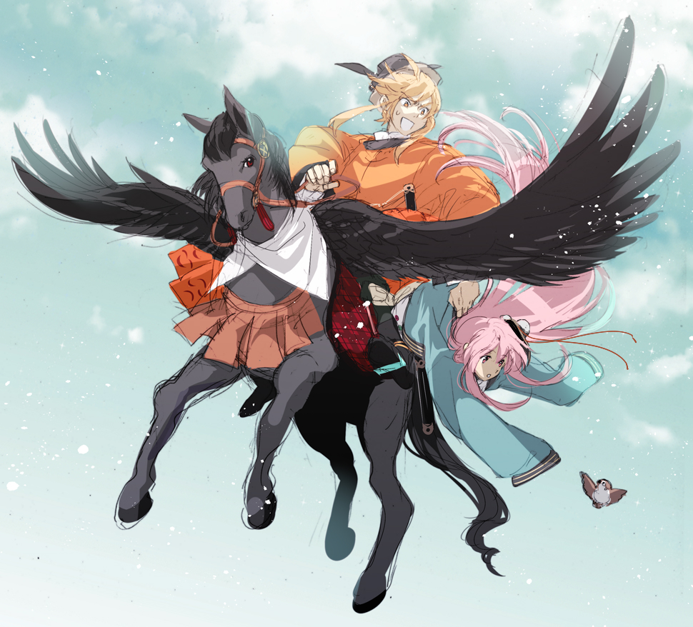 2girls animal bandana bird black_headwear black_wings blonde_hair eyebrows_visible_through_hair feathered_wings hair_between_eyes hat hata_no_kokoro japanese_clothes katana koma_midori kurokoma_saki_(pegasus) long_hair long_sleeves mask mask_on_head matara_okina multiple_girls open_mouth orange_eyes pegasus pink_eyes pink_hair sheath sheathed short_hair sleeves_past_fingers sleeves_past_wrists sparrow sword touhou weapon white_bandana wide_sleeves wings