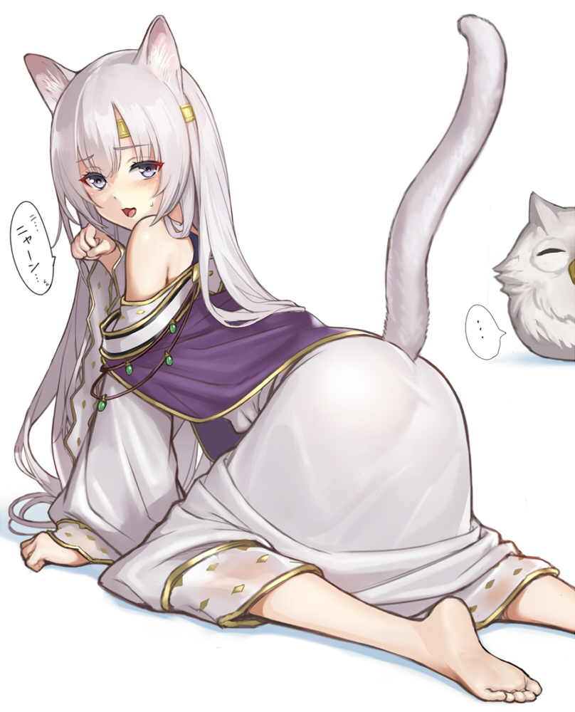 ... 1girl animal_ears bangs cat_ears cat_tail dress eyebrows_visible_through_hair feh_(fire_emblem_heroes) fire_emblem fire_emblem:_genealogy_of_the_holy_war fire_emblem_heroes hiyashiru julia_(fire_emblem) long_hair long_sleeves looking_at_viewer open_mouth paw_pose tail white_background white_dress white_hair wide_sleeves