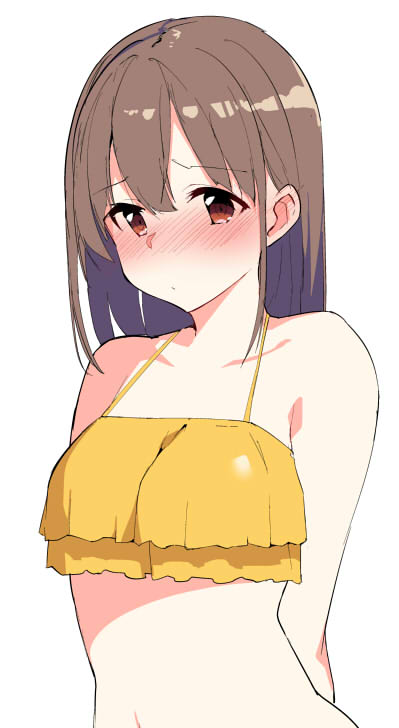 arms_behind_back bare_shoulders bikini bikini_top blush brown_eyes brown_hair closed_mouth collarbone ear_blush eyebrows_visible_through_hair frills hair_between_eyes long_hair navel original simple_background swimsuit tera_zip upper_body white_background yellow_bikini