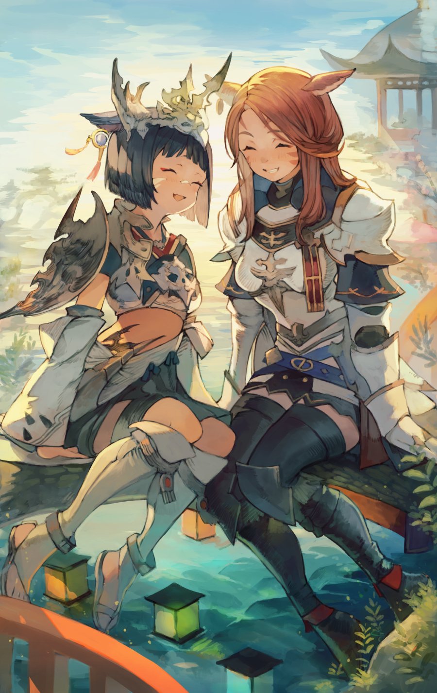 2girls ^_^ ^o^ animal_ears architecture armor avatar_(ff14) bangs belt black_footwear black_hair black_skirt blunt_bangs blunt_ends boots breastplate bridge brown_hair cat_ears closed_eyes commentary commission cropped_jacket detached_sleeves earrings east_asian_architecture eyeshadow facial_mark fang faulds final_fantasy final_fantasy_xiv foot_dangle full_body gauntlets grin half_updo headpiece highres jewelry kemomin_nosuke knee_boots knee_pads lantern lantern_on_liquid long_hair makeup miqo'te multiple_girls open_mouth outdoors paladin_(final_fantasy) paper_lantern pauldrons red_eyeshadow sandals short_hair shoulder_armor sidelocks single_earring single_pauldron sitting skin_fang skirt sky smile summoner_(final_fantasy) thigh-highs thigh_boots water white_footwear