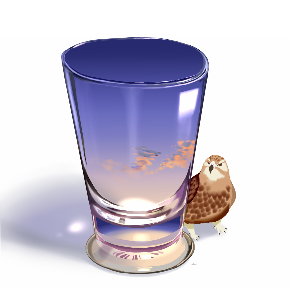 animal_focus bird chai claws clouds commentary cup glass hawk no_humans original shadow signature simple_background sky sunset undersized_animal white_background