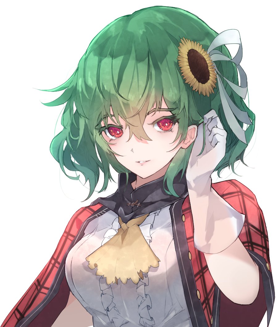 1girl adjusting_hair arm_at_side arm_up ascot bangs bangs_pinned_back blush breasts buttons capelet center_frills chiroru_(cheese-roll) colored_eyelashes commentary flower frills green_hair hair_between_eyes hair_flower hair_ornament hair_ribbon kazami_yuuka large_breasts light_smile lips plaid plaid_capelet red_capelet red_eyes ribbon short_hair skirt solo standing sunflower touhou upper_body white_background white_ribbon yellow_ascot yellow_flower