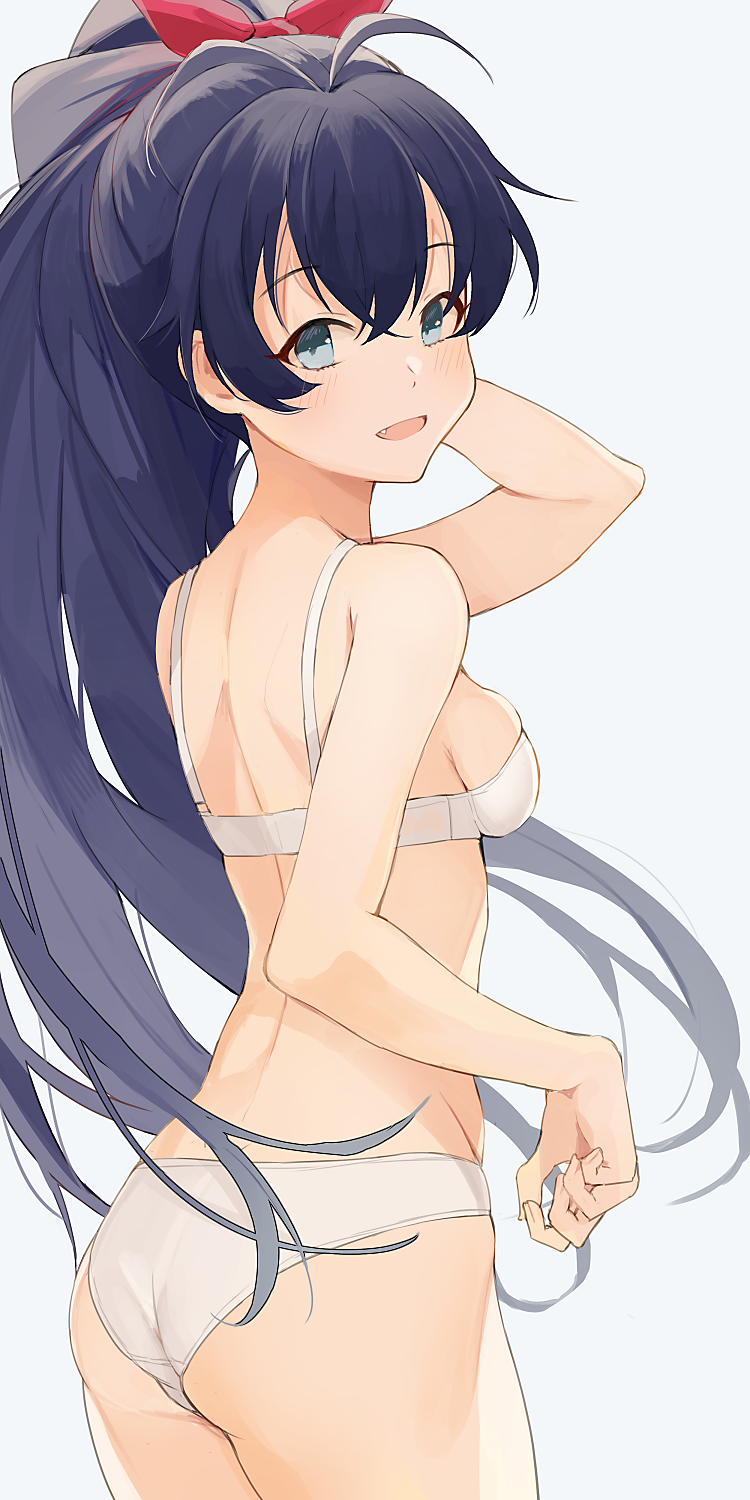 1girl antenna_hair arm_up ass bangs bare_shoulders black_hair blue_eyes bra breasts commentary_request cowboy_shot crossed_bangs fang from_behind ganaha_hibiki hair_between_eyes hair_intakes hair_ribbon high_ponytail highres hiroki_(yyqw7151) idolmaster idolmaster_(classic) light_blush looking_back open_mouth panties red_ribbon ribbon simple_background skindentation small_breasts smile solo underwear underwear_only white_bra white_panties