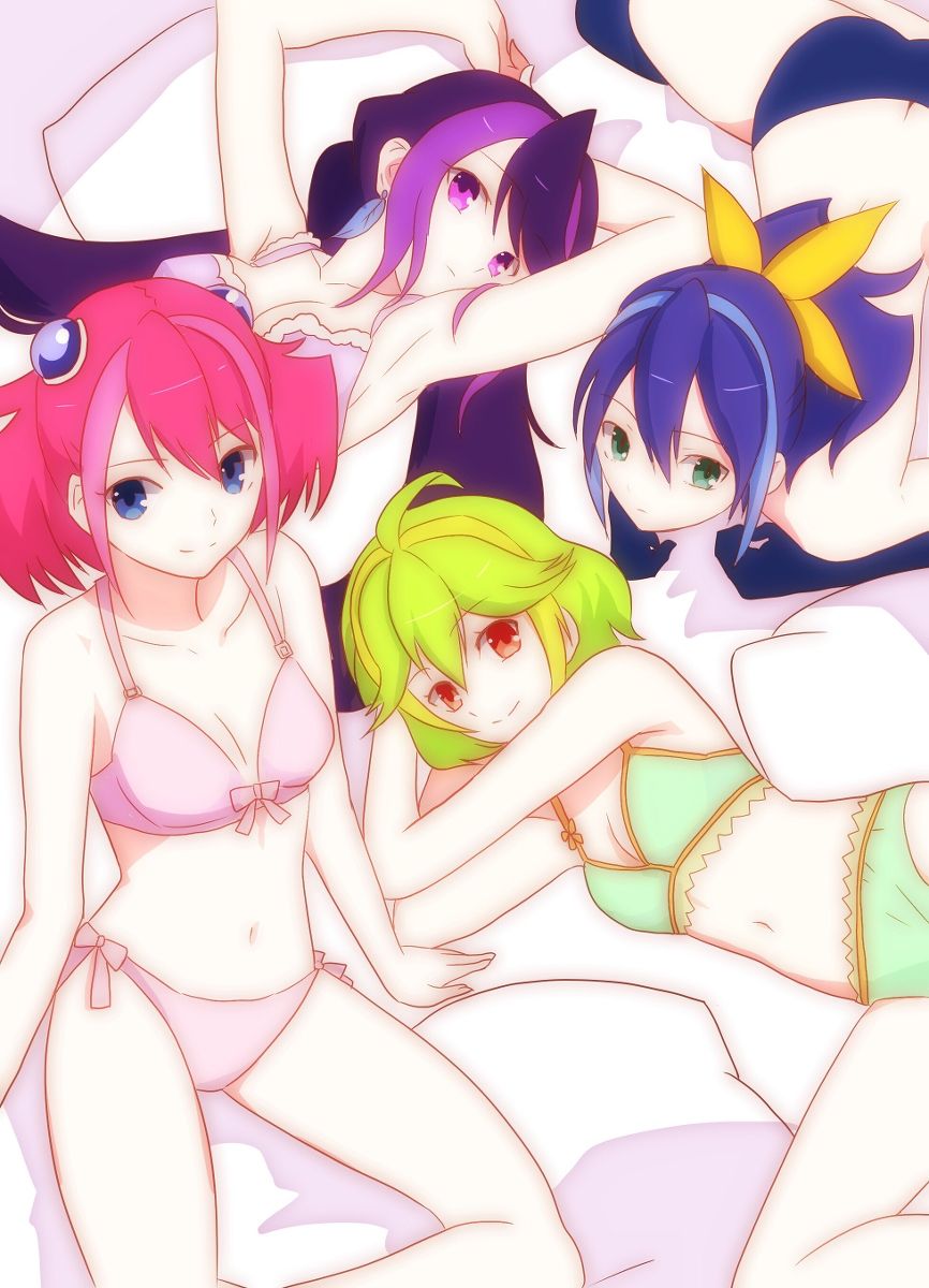 4girls absurdres ahoge alternate_costume alternate_hairstyle arm_support armpits arms_up ass bed black_legwear black_panties blue_bra blue_eyes blue_gloves blue_hair blue_legwear blue_panties bra bracelet bracelet_girls breasts cleavage earrings elbow_gloves feathers gloves green_bra green_eyes green_hair green_pants highres hiiragi_yuzu kurosaki_ruri lace lace-trimmed_panties lace-trimmed_thighhighs lingerie long_hair looking_at_viewer lying multicolored_hair multiple_girls odd_one_out on_side on_stomach orange_eyes panties parody petals pillow pink_bra pink_eyes pink_hair pink_pants ponytail purple_bra purple_hair quadruplets rin_(yuu-gi-ou_arc-v) scan serena_(yuu-gi-ou_arc-v) short_twintails sitting small_breasts smile thigh-highs topless underwear yellow_bow yu-gi-oh! yu-gi-oh!_arc-v yuu-gi-ou yuu-gi-ou_arc-v