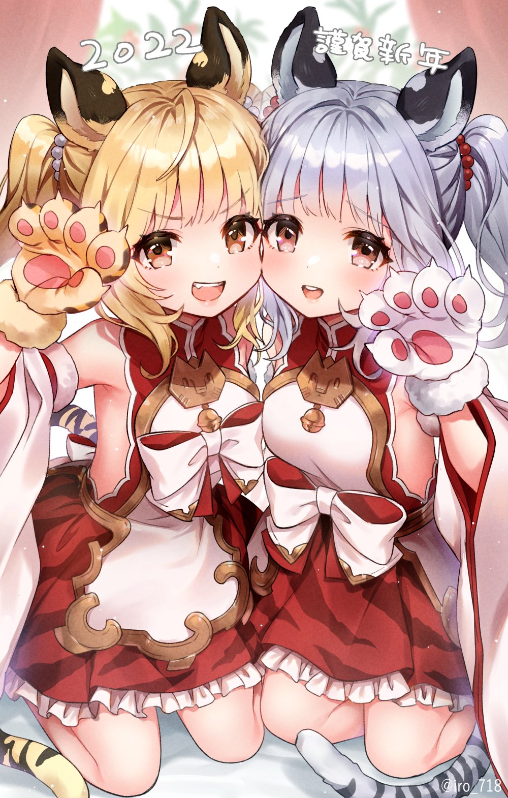 2022 2girls ahoge animal_ears animal_hands armpit_peek bai_(granblue_fantasy) bangs bare_shoulders beads blonde_hair blurry blurry_background breasts brown_eyes cidala_(granblue_fantasy) commentary_request detached_sleeves dress eyebrows_visible_through_hair fang frilled_dress frills furrowed_brow gloves granblue_fantasy hand_up happy_new_year highres iro_178 kneeling long_hair long_sleeves looking_at_viewer medium_breasts multiple_girls new_year open_mouth paw_gloves red_dress sidelocks silver_hair small_breasts smile striped_tail tail translated twintails upper_body v-shaped_eyebrows wide_sleeves