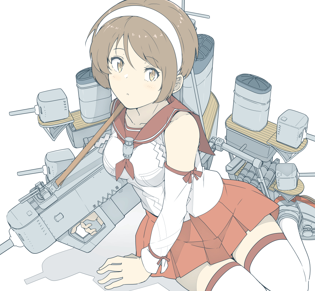 1girl bare_shoulders brown_eyes brown_hair brown_sailor_collar brown_skirt detached_sleeves hairband kantai_collection machinery natori_(kancolle) ninimo_nimo pleated_skirt rigging sailor_collar school_uniform serafuku short_hair simple_background skirt solo thigh-highs turret white_background white_hairband white_legwear