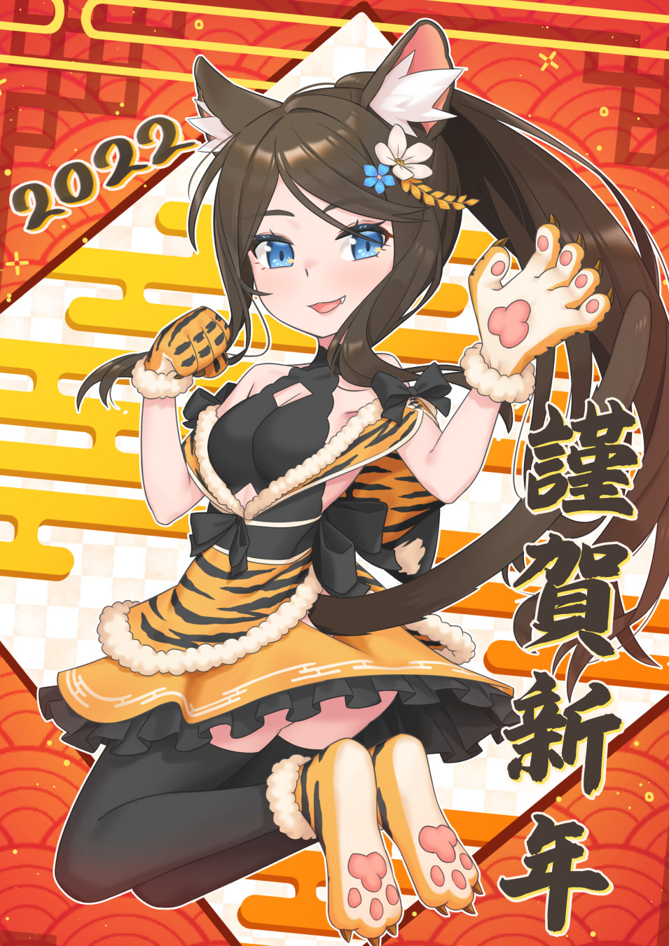 1girl 2022 :3 aina_(mao_lian) animal_ear_fluff animal_ears animal_hands bangs black_bow black_legwear blue_eyes bow bow_dress brown_hair cat_ears cat_girl cat_tail chinese_zodiac claw_pose eyebrows_visible_through_hair fang flower frilled_skirt frills from_behind gloves hair_flower hair_ornament hands_up happy_new_year highres kneeling long_hair looking_at_viewer looking_back mao_lian_(nekokao) miniskirt new_year original parted_lips paw_gloves paw_pose paw_print_soles paw_shoes ponytail simple_background skirt solo tail tail_raised thigh-highs tiger_stripes translation_request year_of_the_tiger yellow_skirt zettai_ryouiki
