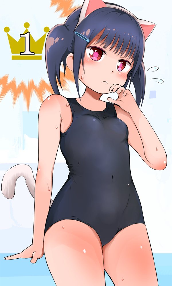 1girl animal_ears bangs bare_arms bare_shoulders black_swimsuit blue_hair blush breasts cat_ears cat_tail closed_mouth covered_navel eyebrows_visible_through_hair fake_animal_ears flying_sweatdrops fujisaka_lyric hair_ornament hairband hairclip hand_up loli nose_blush one-piece_swimsuit original red_eyes school_swimsuit sidelocks small_breasts solo swimsuit tail twintails wet white_hairband