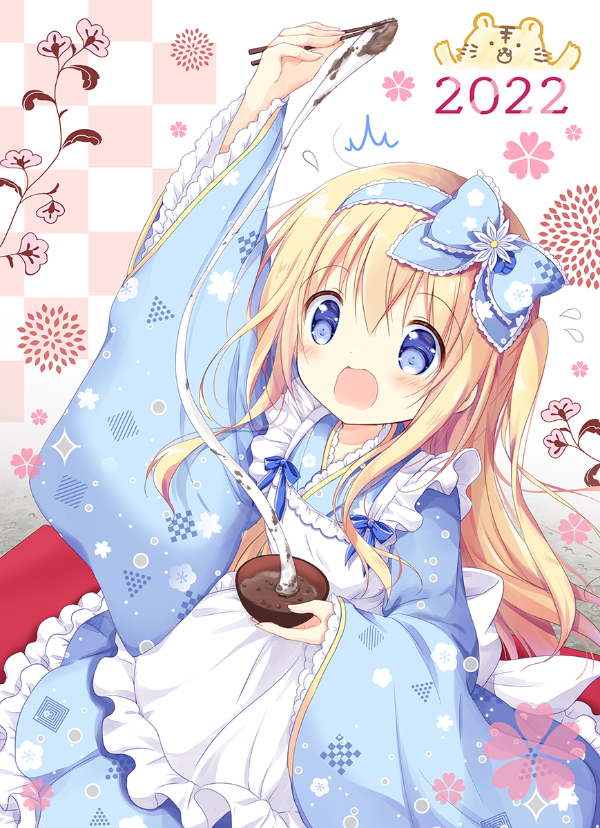 1girl 2022 ^^^ apron bangs blonde_hair blue_bow blue_eyes blue_hairband blue_kimono blue_skirt blush bow bowl checkered_background chopsticks commentary_request eyebrows_visible_through_hair frilled_apron frilled_skirt frilled_sleeves frills hair_between_eyes hair_bow hairband highres holding holding_bowl holding_chopsticks japanese_clothes kimono long_hair long_sleeves looking_at_food maid_apron mochi nanase_miori nengajou new_year open_mouth original pleated_skirt skirt sleeves_past_wrists solo very_long_hair white_apron white_background wide_sleeves