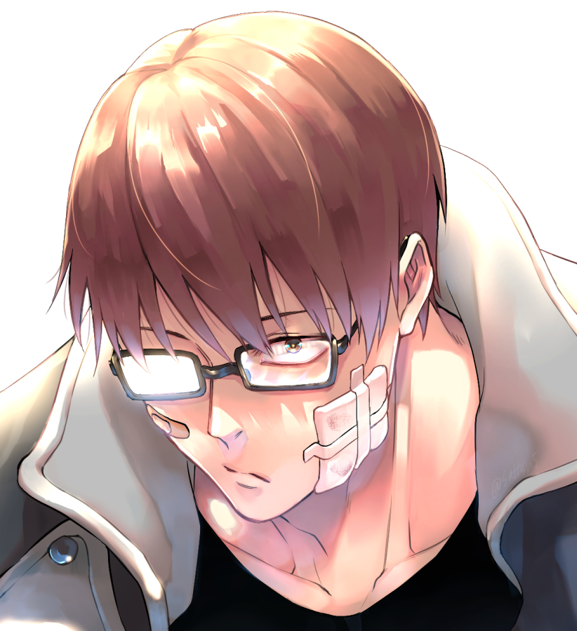 1boy bandage_on_face bandages bandaid black_shirt brown_hair close-up en'en_no_shouboutai expressionless fire_jacket firefighter glasses jacket jacket_on_shoulders leaning_forward looking_ahead male_focus popped_collar portrait sat-tsu shirt short_hair solo straight_hair takehisa_hinawa toned toned_male white_background