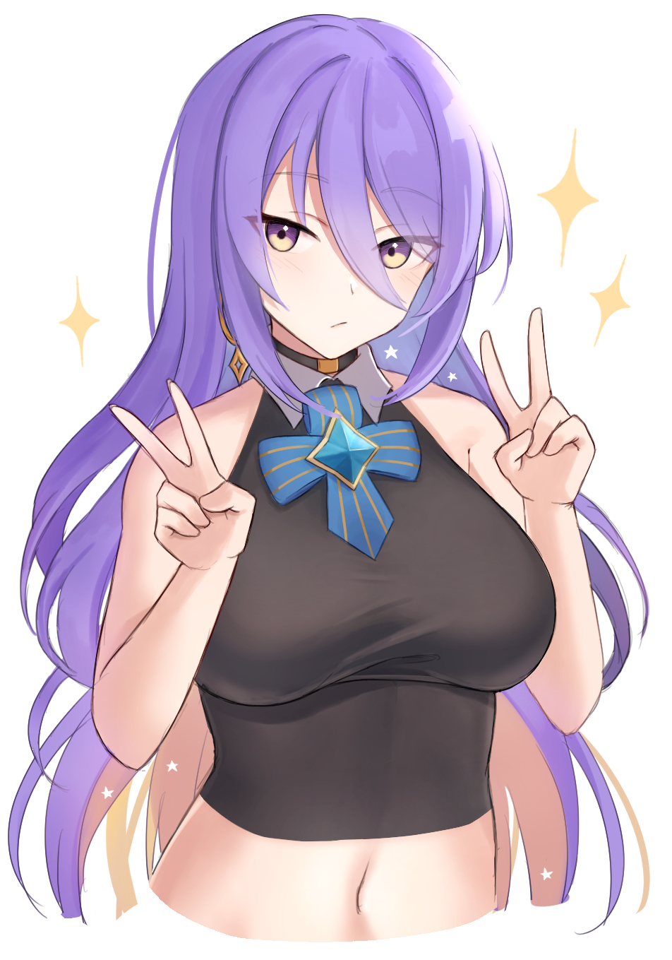 1girl aurapls black_choker blue_bow blue_bowtie bow bowtie breasts brooch choker closed_mouth colored_inner_hair crop_top double_v hands_up highres hololive hololive_indonesia jewelry large_breasts long_hair looking_at_viewer making-of moona_hoshinova multicolored_hair navel purple_hair simple_background solo sparkle v very_long_hair violet_eyes white_background yellow_eyes