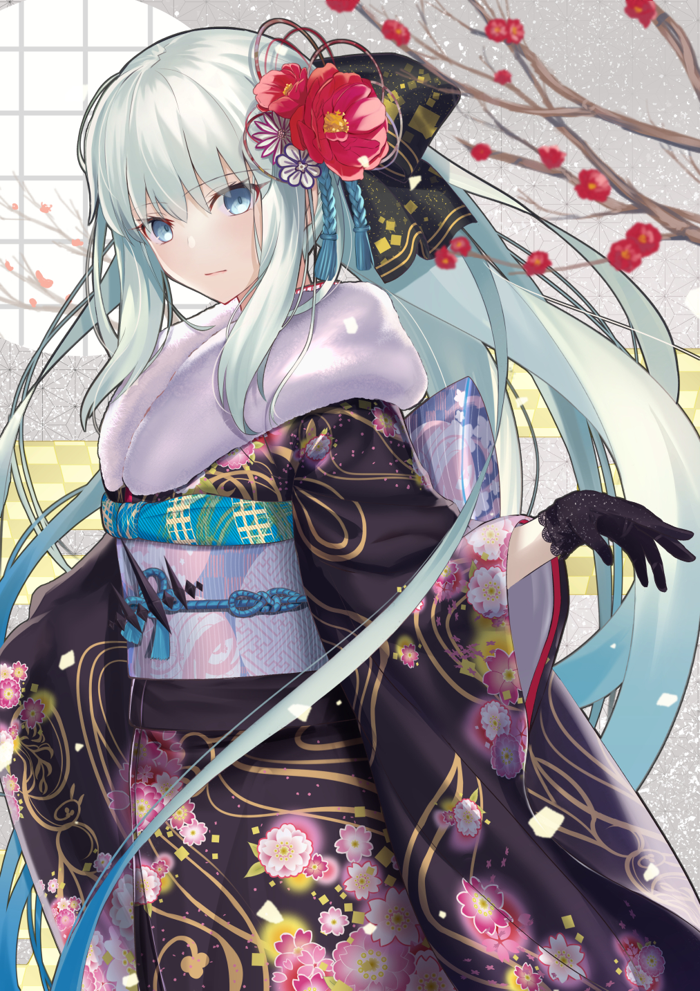 1girl bangs black_bow blue_eyes bow braid breasts fate/grand_order fate_(series) french_braid grey_hair hair_bow highres japanese_clothes kimono large_breasts long_hair looking_at_viewer morgan_le_fay_(fate) neko_daruma ponytail sidelocks solo very_long_hair