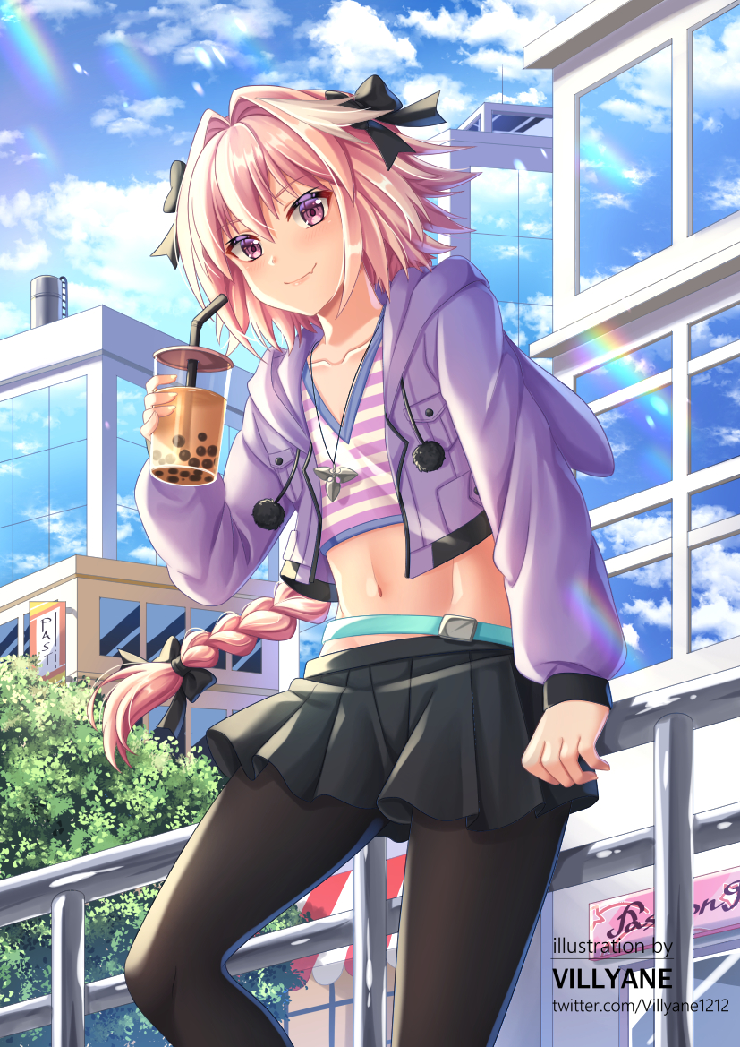 1boy against_fence artist_name astolfo_(fate) bangs black_skirt blush braid brown_legwear bubble_tea building closed_mouth clouds collarbone commentary_request cropped_jacket crossdressing cup day drinking_straw fate/grand_order fate_(series) fence from_below hair_intakes holding holding_cup hood hooded_jacket jacket long_braid long_hair long_sleeves male_focus multicolored_hair navel otoko_no_ko outdoors pantyhose pink_hair pleated_skirt purple_jacket reflection shiny shiny_hair shirt single_braid skirt sky smile solo streaked_hair striped striped_shirt v-neck villyane violet_eyes web_address white_hair window