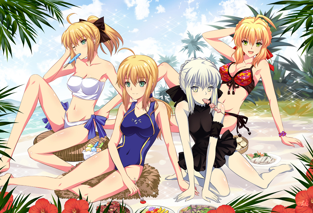 4girls aestus_estus ahoge artoria_pendragon_(all) bare_shoulders bikini black_bow blonde_hair blue_bow blush boots bow braid breasts brown_bow closed_mouth commentary_request detached_sleeves dress facial_mark fate/extra fate/grand_order fate_(series) gauntlets glowing glowing_sword glowing_weapon green_eyes hair_bow hair_bun hair_intakes hair_ribbon halodark highres ice_cream knee_boots light_brown_hair long_sleeves looking_at_viewer medium_breasts multiple_girls nero_claudius_(fate) nero_claudius_(fate)_(all) parted_lips puffy_short_sleeves puffy_sleeves red_bikini red_ribbon ribbon saber saber_alter saber_lily short_sleeves sidelocks sleeveless sleeveless_dress sleeves_past_wrists small_breasts smile swimsuit white_bikini