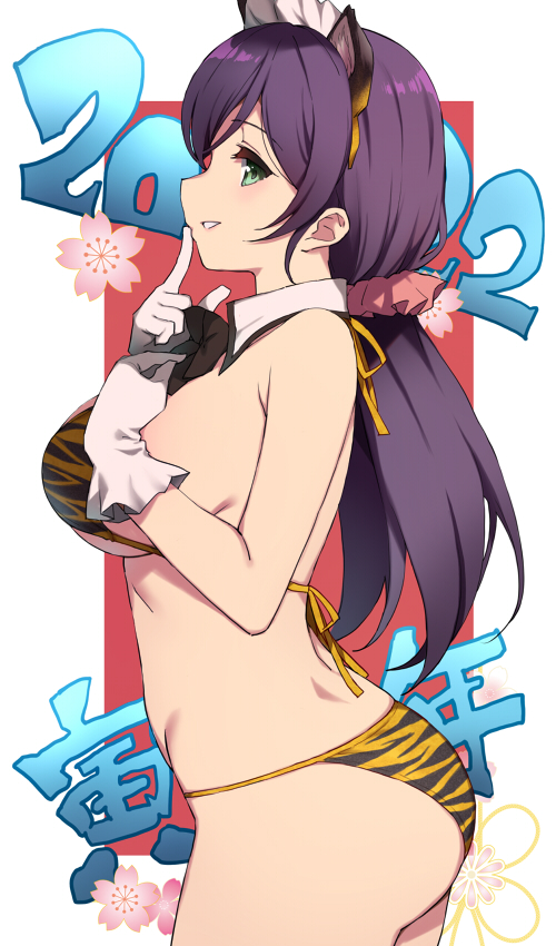 1girl 2022 animal_ears animal_print ass bikini black_bow black_bowtie bow bowtie breasts commentary_request detached_collar duke_(inu_daimyou) fake_animal_ears gloves green_eyes hair_ornament hair_scrunchie large_breasts long_hair looking_at_viewer love_live! love_live!_school_idol_project low_twintails pink_scrunchie print_bikini profile purple_hair scrunchie simple_background smile solo swimsuit tiger_ears tiger_print toujou_nozomi twintails two-tone_background white_background white_gloves yellow_bikini