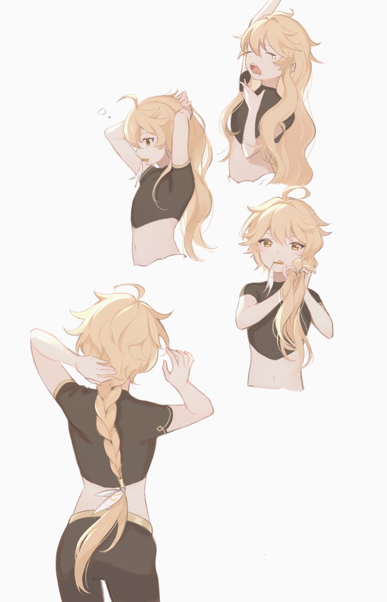 adjusting_hair aether_(genshin_impact) ahoge bangs black_pants blonde_hair braiding_hair closed_eyes commentary_request cropped_torso genshin_impact grey_background hair_between_eyes hair_down hairdressing highres long_hair mouth_hold multiple_views open_mouth pants short_sleeves simple_background sui25jiyuu waking_up yawning yellow_eyes