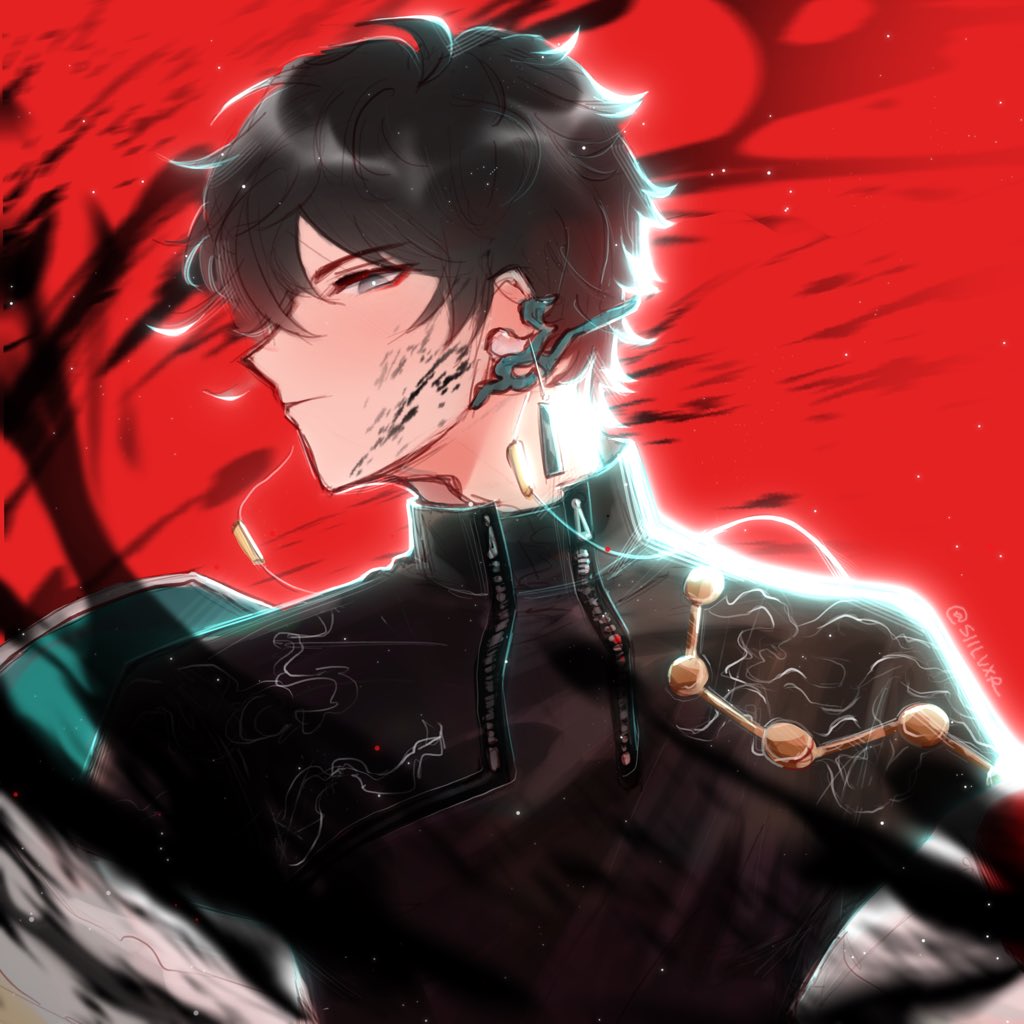 1boy bangs black_hair black_shirt blood blood_on_face blood_splatter chinese_clothes closed_mouth danheng_(honkai:_star_rail) earrings grey_eyes honkai:_star_rail honkai_(series) jewelry looking_at_viewer looking_to_the_side male_focus red_background shirt short_hair siilvxr solo