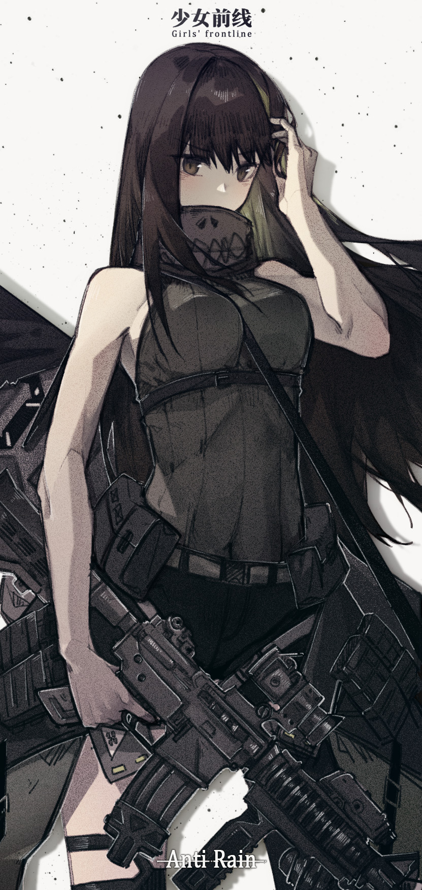 1girl anti-rain_(girls'_frontline) assault_rifle asymmetrical_legwear bare_arms bare_shoulders between_breasts breasts brown_eyes brown_hair daliyang eyebrows_visible_through_hair girls_frontline gun highres holding holding_gun holding_weapon logo long_hair looking_at_viewer m4_carbine m4a1_(girls'_frontline) magazine_(weapon) medium_breasts mod3_(girls'_frontline) multicolored_hair particle_cannon_case pouch rifle scarf shirt simple_background skull_print sleeveless sleeveless_shirt solo strap strap_between_breasts streaked_hair thigh-highs weapon white_background