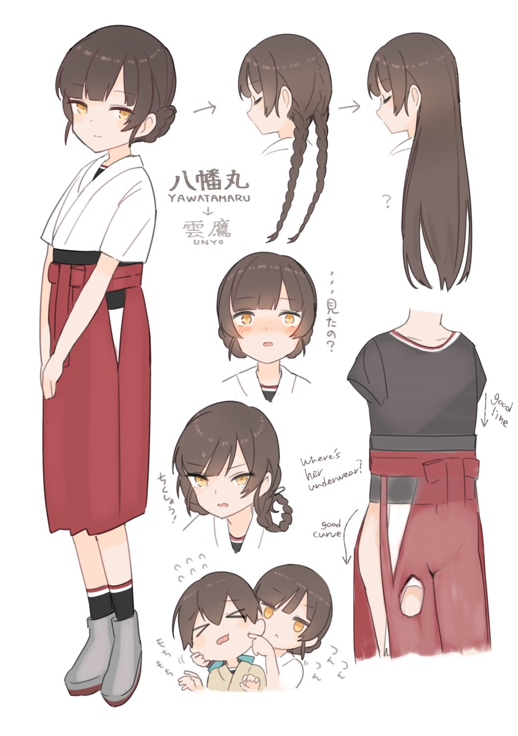 1girl black_shirt braid brown_eyes brown_hair character_name chart cheek_pinching commentary_request double_bun dougi english_text hakama highres japanese_clothes kantai_collection kasuga_maru_(kancolle) long_hair looking_at_viewer pinching red_hakama shirt solo standing taiyou_(kancolle) translation_request twin_braids un'you_(kancolle) v_arms yamashichi_(mtseven) yawata_maru_(kancolle)