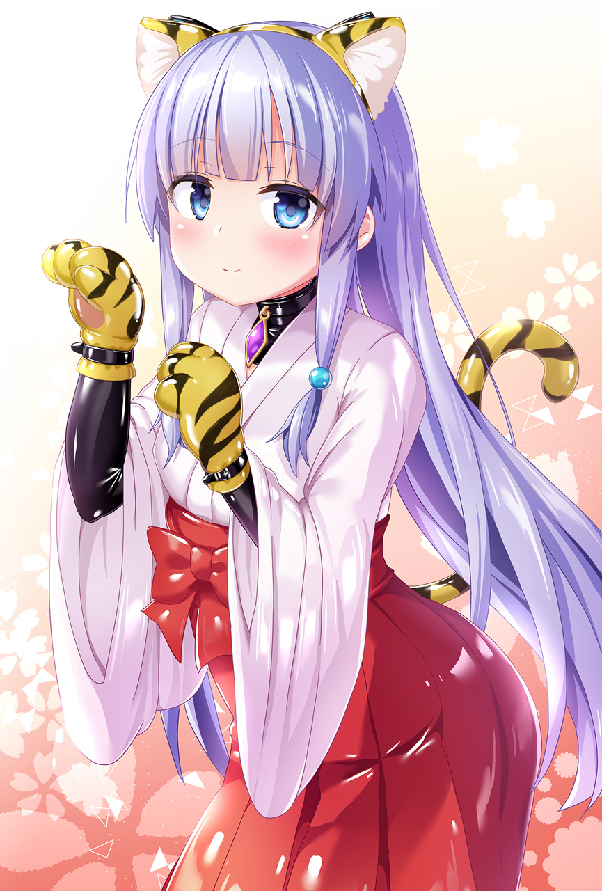 1girl animal_ear_fluff animal_ears animal_hands animal_print black_bodysuit blue_eyes blue_hair blush bodysuit bow brown_background chinese_zodiac closed_mouth commentary_request fake_animal_ears floral_background gloves gradient gradient_background hairband hakama hakama_skirt hands_up highres indie_virtual_youtuber japanese_clothes kimono kneeling latex latex_bodysuit long_hair long_sleeves looking_at_viewer mitsuki_awano naka_(cheeseyeast) paw_gloves paw_pose red_bow red_hakama skirt smile solo tail tiger_ears tiger_girl tiger_print tiger_tail very_long_hair virtual_youtuber white_background white_kimono wide_sleeves year_of_the_tiger yellow_gloves yellow_hairband