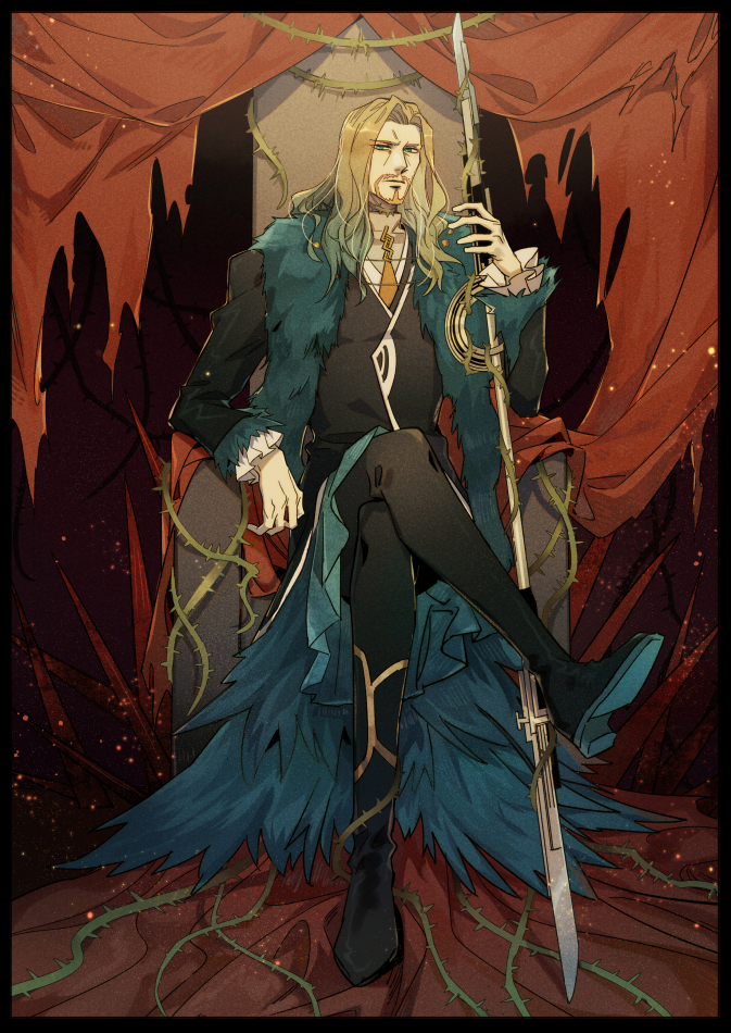 1boy beard blonde_hair blue_eyes chair crossed_legs facial_hair fate/grand_order fate_(series) feather_boa hermithessa long_hair male_focus necktie plant planted planted_spear polearm sitting solo spear thorns throne vines vlad_iii_(fate/apocrypha) weapon