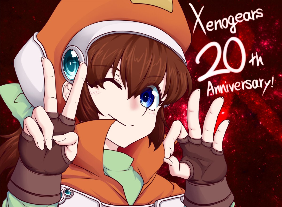1girl benizuwai blue_eyes bow brown_hair closed_mouth fingerless_gloves gloves hat long_hair looking_at_viewer marguerite_fatima ok_sign one_eye_closed orange_headwear simple_background smile solo xenogears