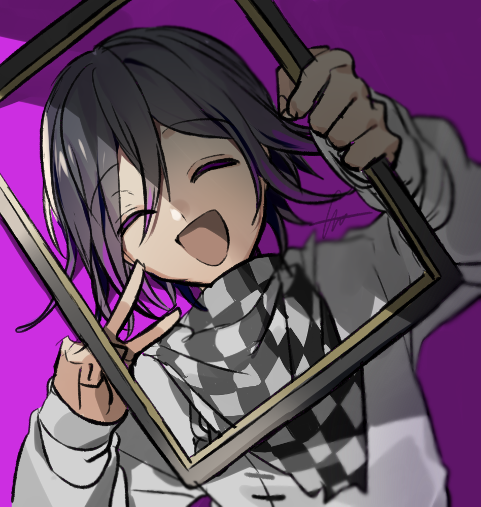 1boy :d bangs black_hair black_scarf checkered_clothes checkered_scarf closed_eyes commentary_request danganronpa_(series) danganronpa_v3:_killing_harmony eyebrows_visible_through_hair facing_viewer grey_jacket grey_scarf hair_between_eyes holding huyuharu0214 jacket long_sleeves male_focus open_mouth ouma_kokichi pink_background scarf short_hair signature simple_background sketch smile solo upper_body v
