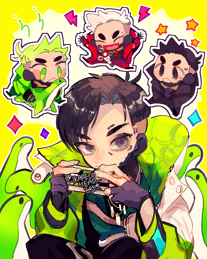 1boy ^_^ animification apex_legends black_eyes black_hair black_jacket blush chibi closed_eyes crypto_(apex_legends) devil's_advocate_crypto fang fuzzy_logic_crypto green_eyes green_hair green_jacket grey_hair holding jacket looking_to_the_side male_focus multiple_views nessie_(respawn) official_alternate_costume red_jacket repikinoko signature smile squatting the_hired_gun_crypto twitter_username
