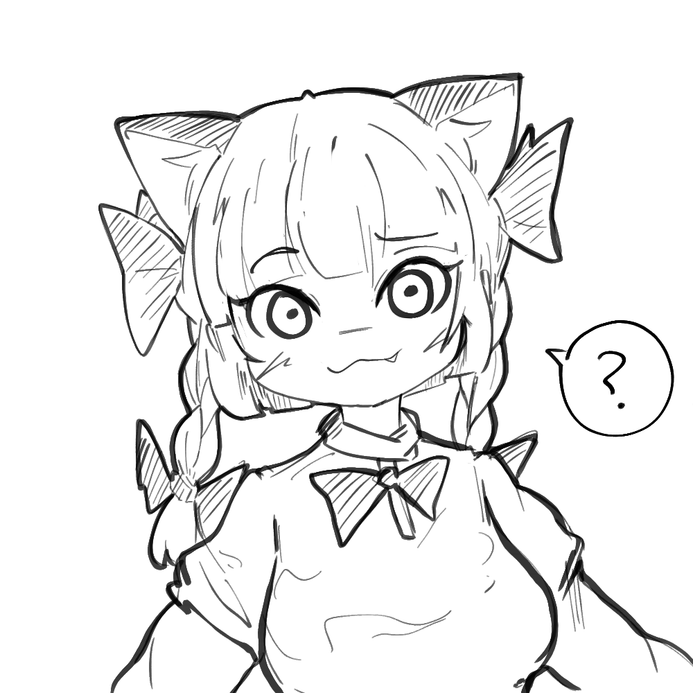 1girl :3 ? animal_ear_fluff animal_ears bow braid cat_ears fang kaenbyou_rin looking_at_viewer monochrome necktie portrait sketch solo speech_bubble touhou twin_braids whiskers white_background yawanaki