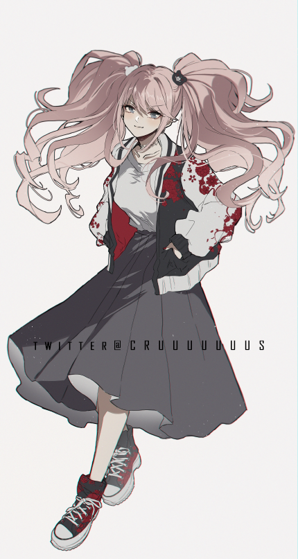 1girl alternate_costume bangs bear_hair_ornament black_footwear black_jacket black_skirt collarbone criis-chan danganronpa:_trigger_happy_havoc danganronpa_(series) enoshima_junko eyebrows_visible_through_hair grey_background hair_ornament hands_in_pockets jacket long_hair looking_at_viewer open_clothes open_jacket pleated_skirt red_jacket shirt shirt_tucked_in shoes simple_background skirt smile solo twintails white_shirt