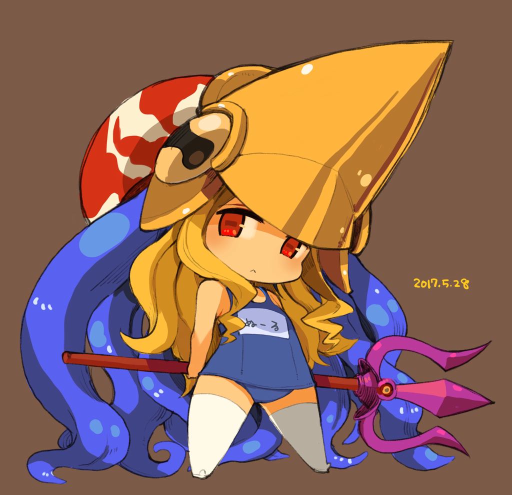 1girl blonde_hair capcom_fighting_jam chibi closed_mouth flat_chest full_body genderswap genderswap_(mtf) helmet long_hair looking_at_viewer midnight_bliss mota nool one-piece_swimsuit polearm red_eyes school_swimsuit simple_background solo swimsuit tentacles thigh-highs warzard weapon white_legwear