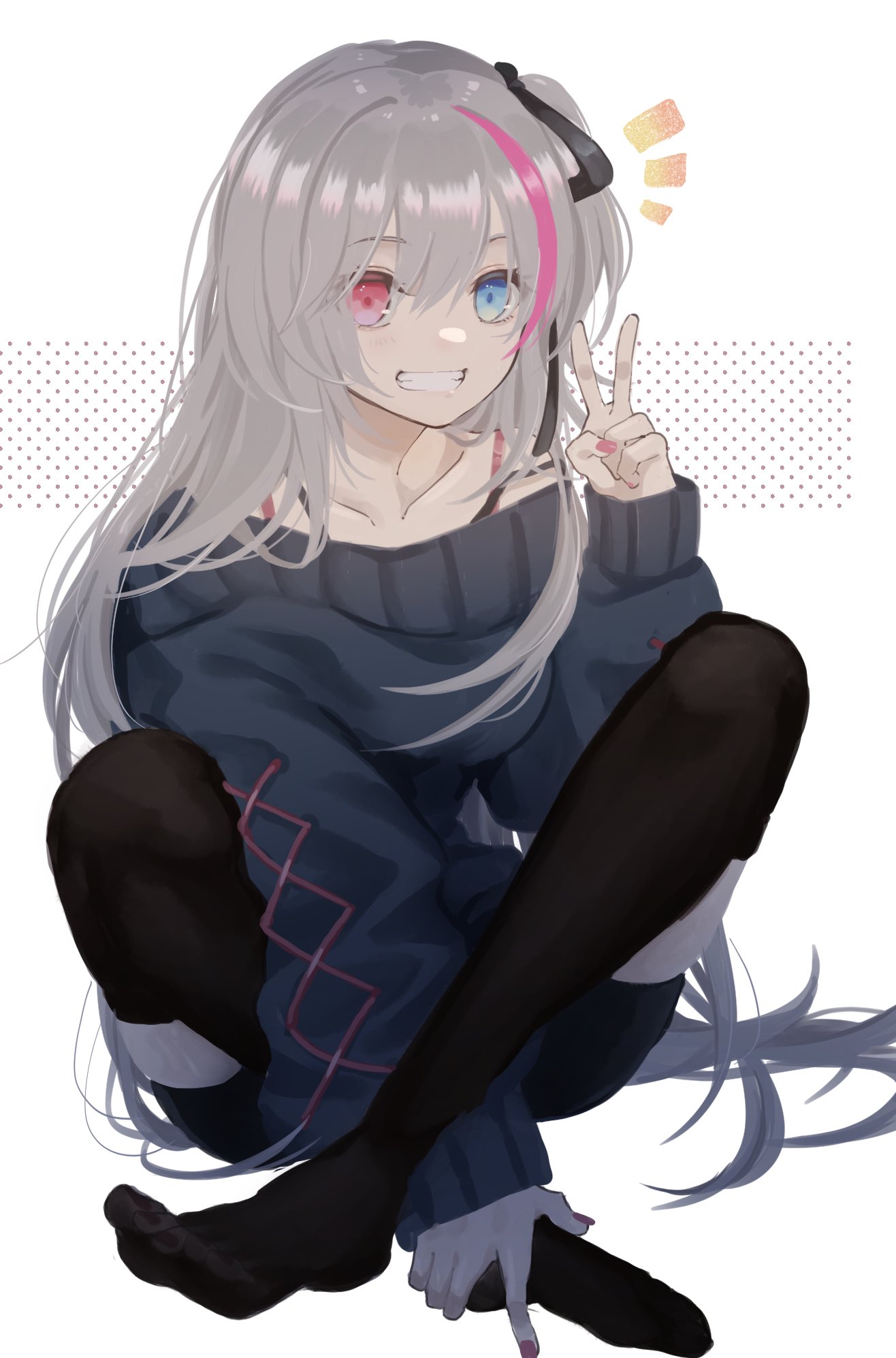 1girl black_legwear black_ribbon blue_eyes feet girls_frontline grey_sweater hair_ribbon heterochromia highres long_hair long_sleeves mdr_(girls'_frontline) multicolored_hair nail_polish no_shoes pink_eyes pink_hair pink_nails rabb_horn ribbon side_ponytail silver_hair streaked_hair sweater thigh-highs toes v