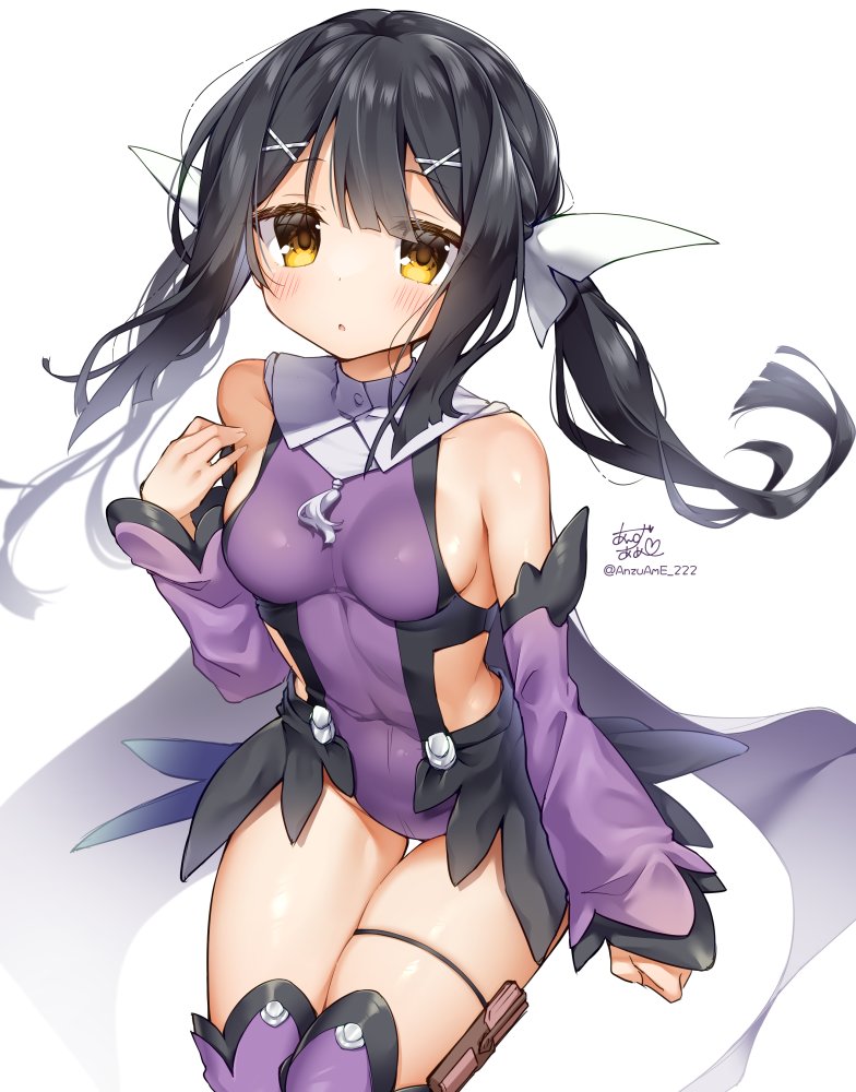 1girl anzu_ame bare_shoulders black_hair blush breasts cape card_holster covered_navel detached_sleeves fate/kaleid_liner_prisma_illya fate_(series) hair_ornament leotard long_hair looking_at_viewer magical_girl magical_sapphire miyu_edelfelt parted_lips purple_leotard sidelocks simple_background sitting skindentation small_breasts solo thigh_gap thigh_strap twintails white_background white_cape x_hair_ornament yellow_eyes