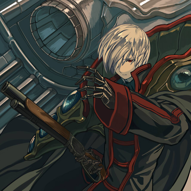 1boy armor bad_id bad_pixiv_id bangs black_cape black_coat cannon cape closed_mouth coat elona expressionless formal grey_hair gun hair_over_one_eye harusame_(rueken) high_collar holding holding_gun holding_weapon long_coat long_sleeves looking_away machinery male_focus mani_of_machine mechanical_hands mechanical_parts one_eye_covered pauldrons pump_action red_eyes shiny shiny_hair short_hair shotgun shoulder_armor solo sweater swept_bangs tsurime turtleneck turtleneck_sweater upper_body weapon