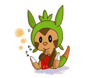 1other amibguous_gender black_sclera chespin colored_sclera commentary_request eating food lowres partial_commentary pocky pocky_day pokemon simple_background siraitokiko sitting solo sound_effects translation_request white_background white_eyes