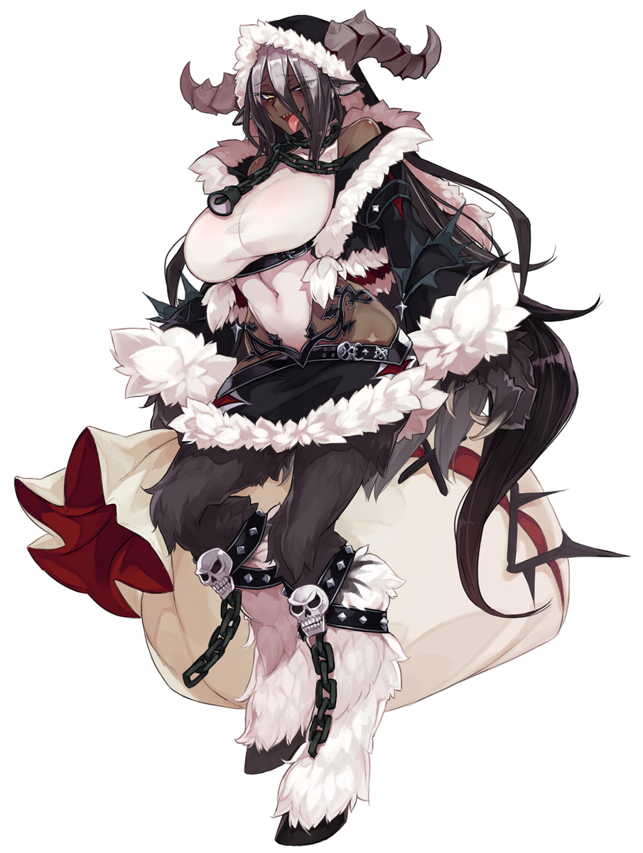 1girl animal_ears bare_shoulders belt breasts chain claws covered_navel dark-skinned_female dark_skin detached_sleeves fur fur_trim goat_ears goat_girl gradient_hair hat highres hooves horns kenkou_cross krampus_(monster_girl_encyclopedia) large_breasts leotard leotard_under_clothes long_hair looking_at_viewer miniskirt monster_girl_encyclopedia multicolored_hair sack sharp_teeth skirt skull solo taut_clothes teeth tongue tongue_out white_leotard yellow_eyes